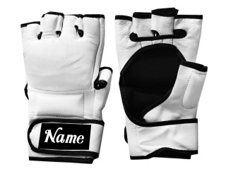 Gants MMA personnalisés en cuir véritable avec texte/logo brodé : KNGCUST-MMA-Blanc