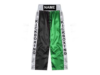 Pantalon de kickboxing sur mesure, pantalon de kickboxing long, nom brodé : KNPANTS-001-Noir-Vert