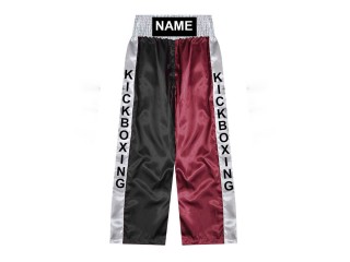 Pantalon de kickboxing sur mesure, pantalon de kickboxing long, nom brodé : KNPANTS-001-Noir-Bordeaux