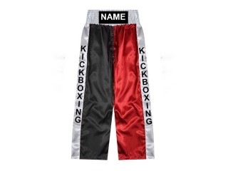 Pantalon de kickboxing sur mesure, pantalon de kickboxing long, nom brodé : KNPANTS-001-Noir-Rouge