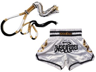 Ensemble Mongkol Prajead avec short Muay Thai : Ensemble-Mongkol-ThaiStyle-Blanc-Noir-Or-143-Blanc